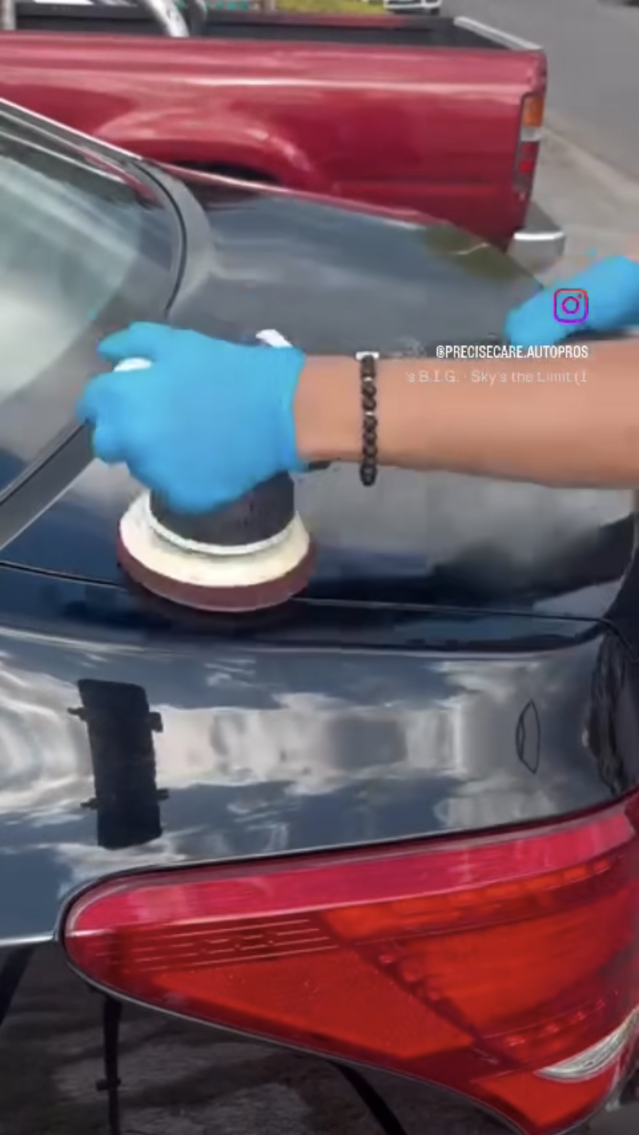 Instagram post preview - Professional polishing with blue orbital buffer on red vehicle